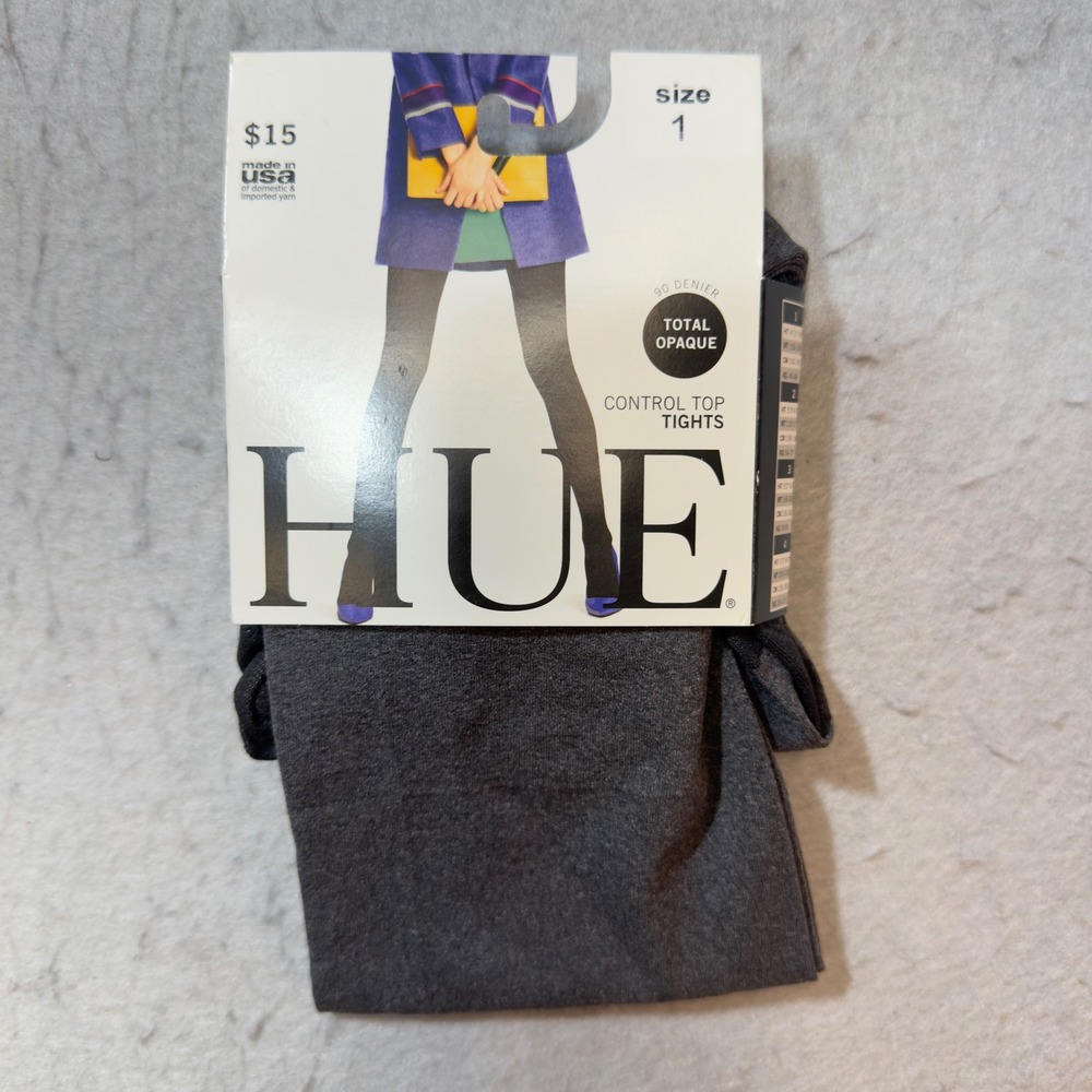 HUE Control Top Tights Womens Size 1 Graphite Heather New 90 Denier Opaque